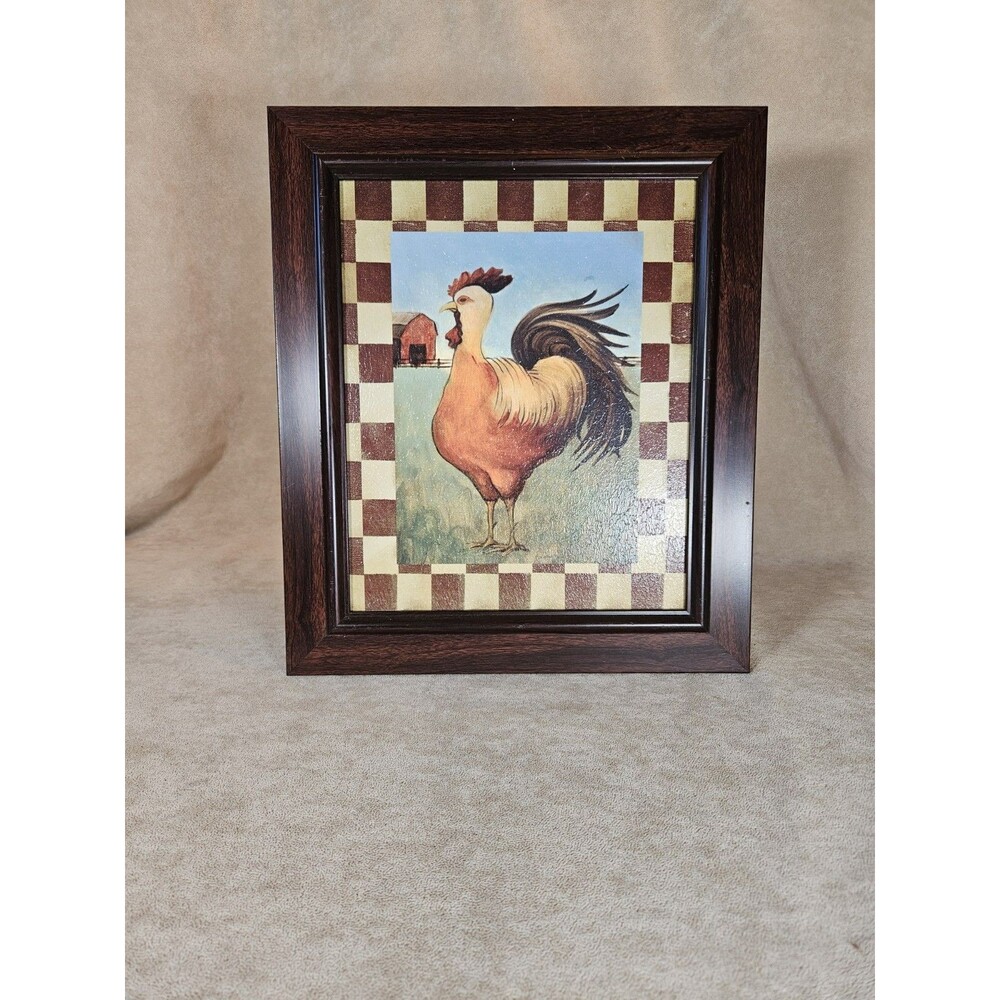 Rooster Print 14" X 12" Red White Border Wood Frame Kitchen Wall Decor Rustic